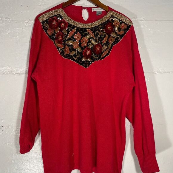 Vintage Red Sweater L Gold Beaded Sequin Roses Knit Holiday 80s Glam Pullover - Picture 2 of 11